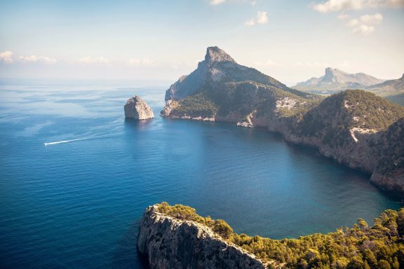 Aerial view over the coast of Pollença, Formentor, Mallorca