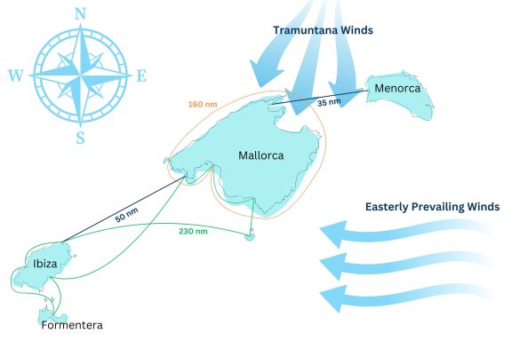 Balearic Islands and Mallorca Yacht Charter map of routes and weather